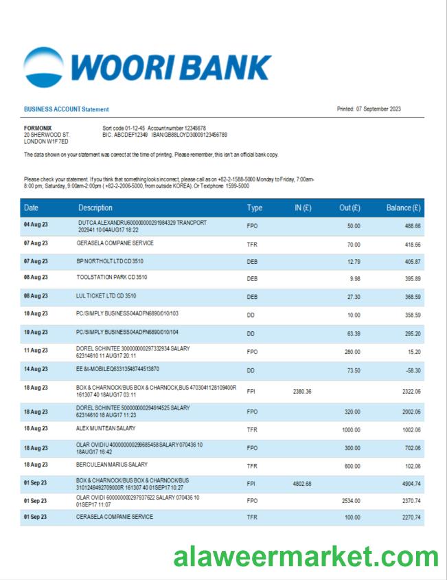 Woori Bank business statement Word and PDF template